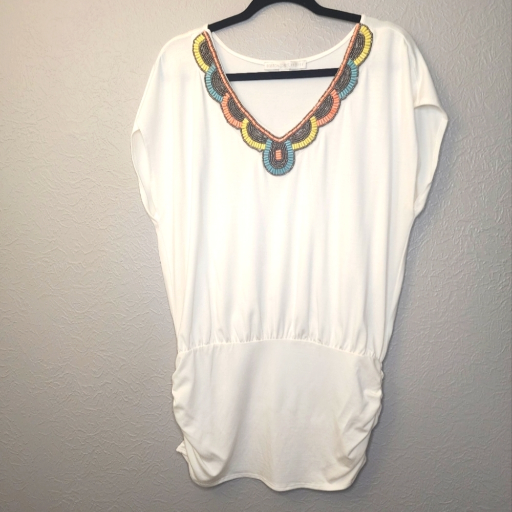 Boston Proper White Blouse with Multicolor Beaded V-Neck